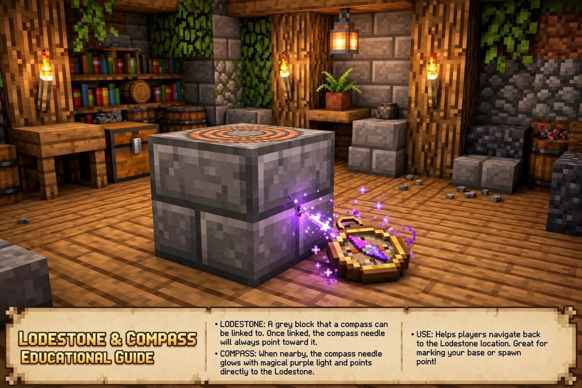 Lodestone compass pointing toward a Minecraft base