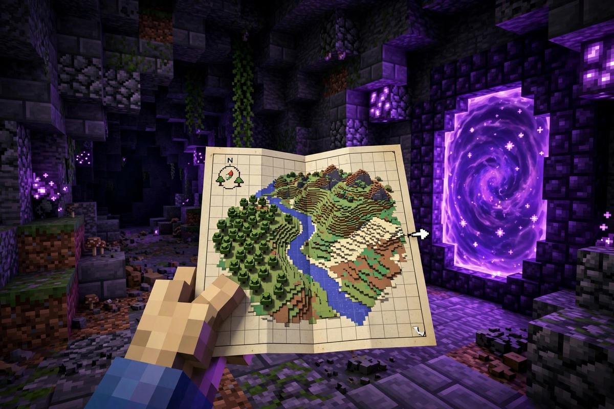 Locator map and Nether portal used to navigate back home in Minecraft
