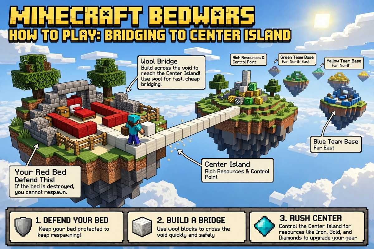 BedWars on a Minecraft Bedrock server, bridging between floating islands to attack enemy beds