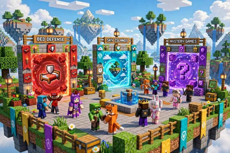 Bedrock server hub with minigame portals — the best Minecraft minigames on The Hive, CubeCraft and Galaxite