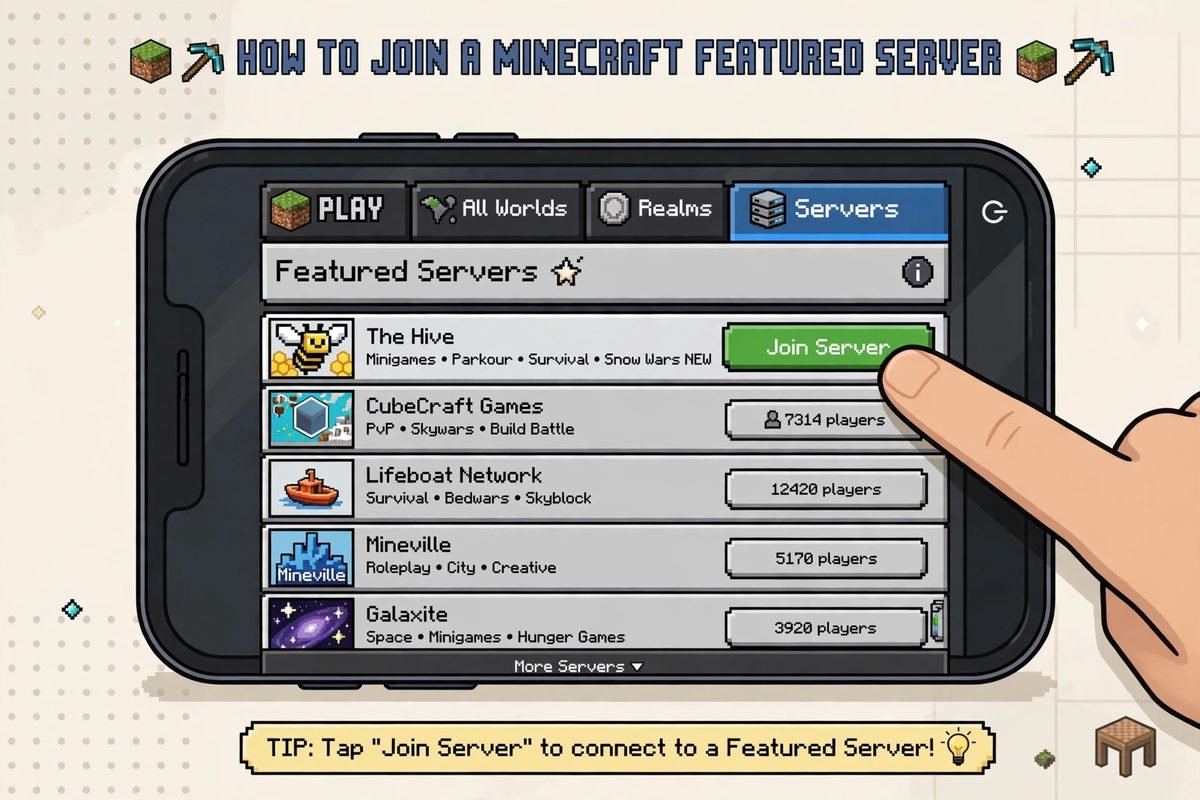 Joining a featured server from the Minecraft minigames server list on mobile