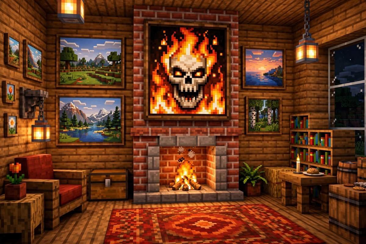 A wall of Minecraft paintings in every size, from 1x1 to the 4x4 Skull On Fire