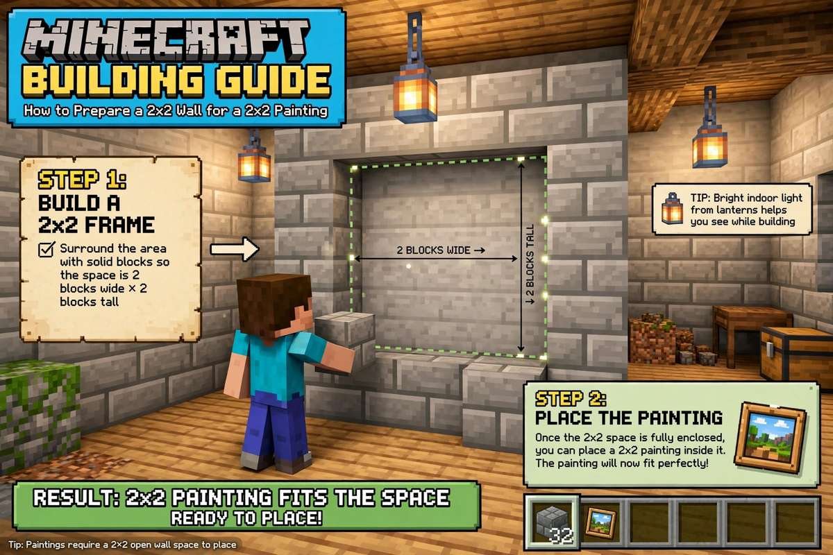 Framing a 2x2 space with blocks so a placed Minecraft painting rolls a 2x2 canvas