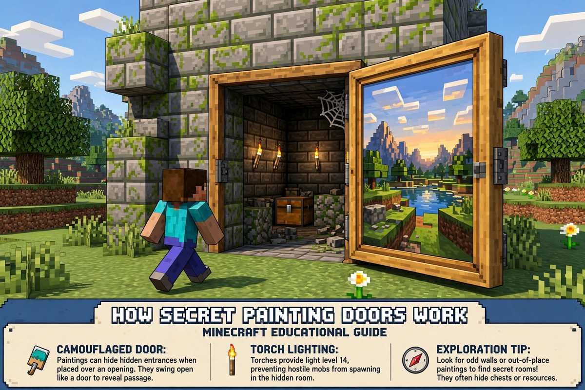 Secret door hidden behind a Minecraft painting, a classic use for large paintings