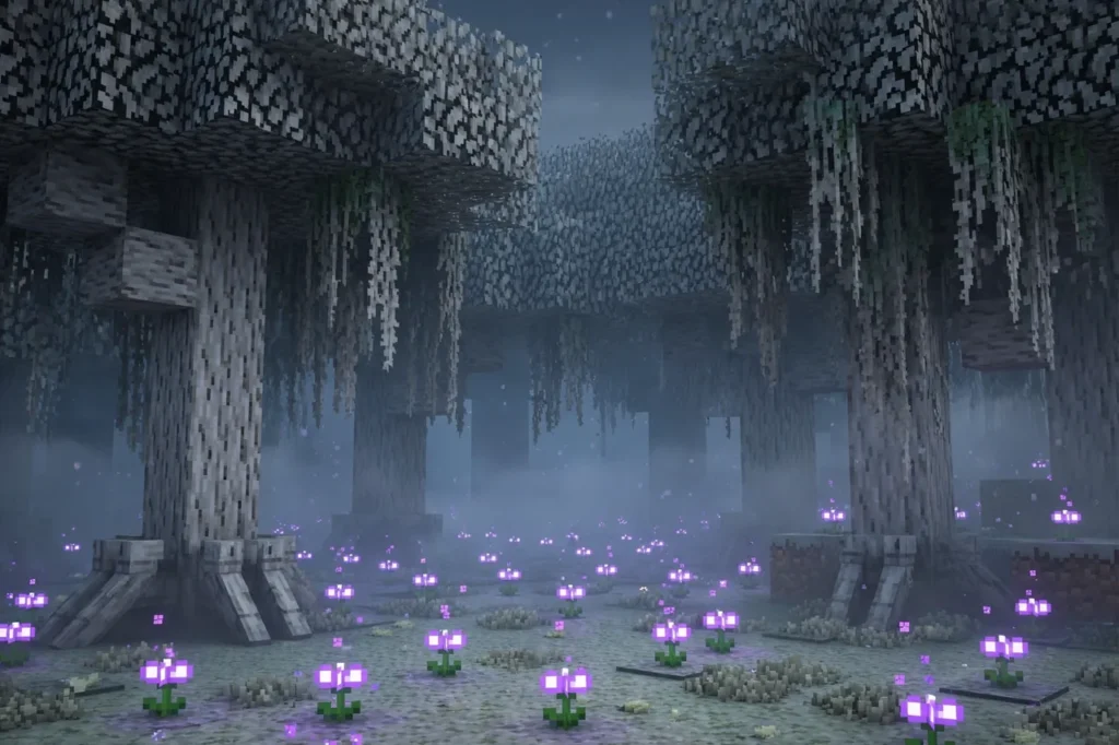 Bone-white pale oaks with glowing eyeblossoms in the Pale Garden, one of the best Minecraft biomes for eerie builds.