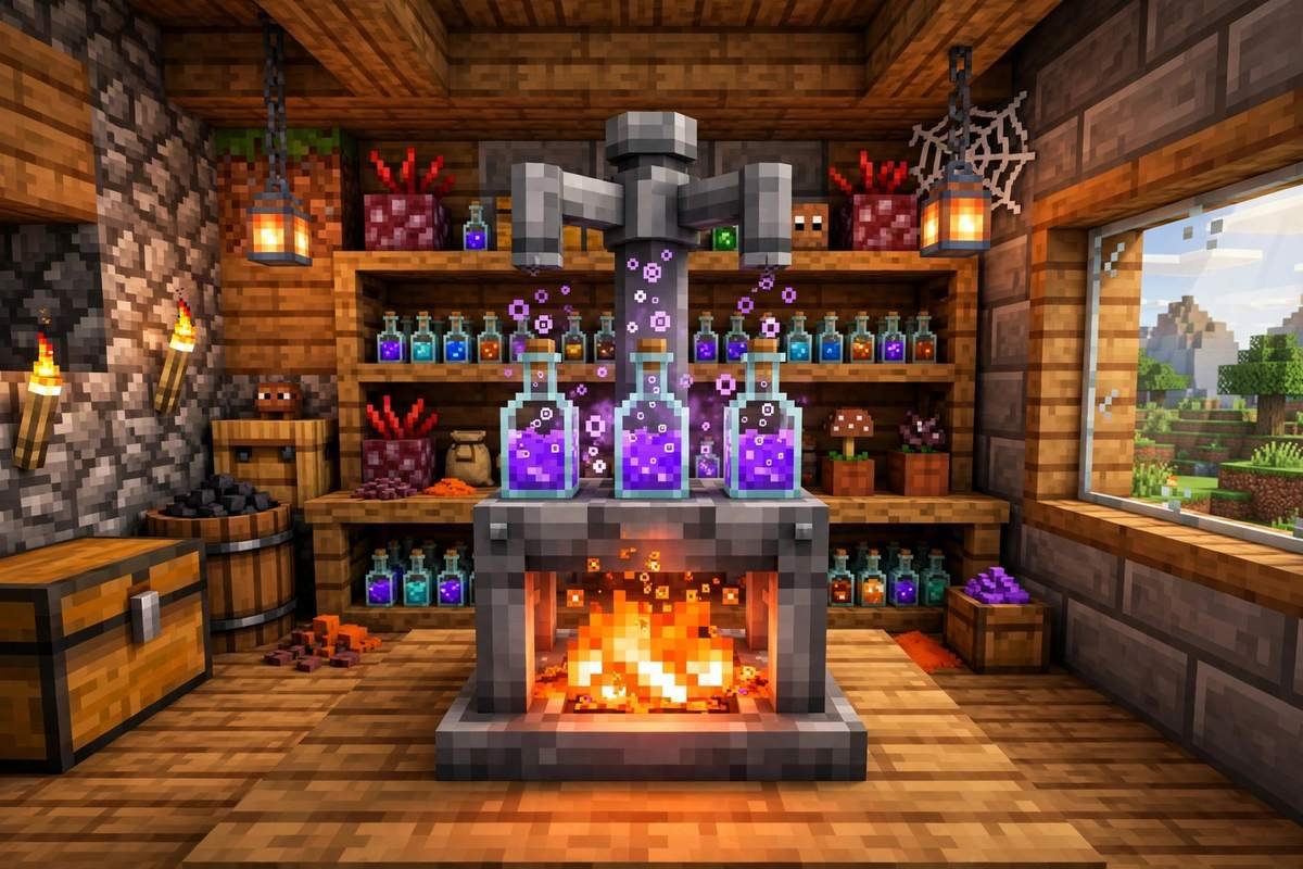 A brewing stand making potions in Minecraft with blaze powder fuel