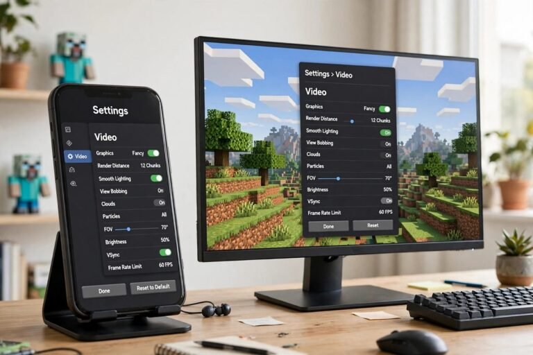 Minecraft video settings on phone and PC showing how to change resolution in Minecraft