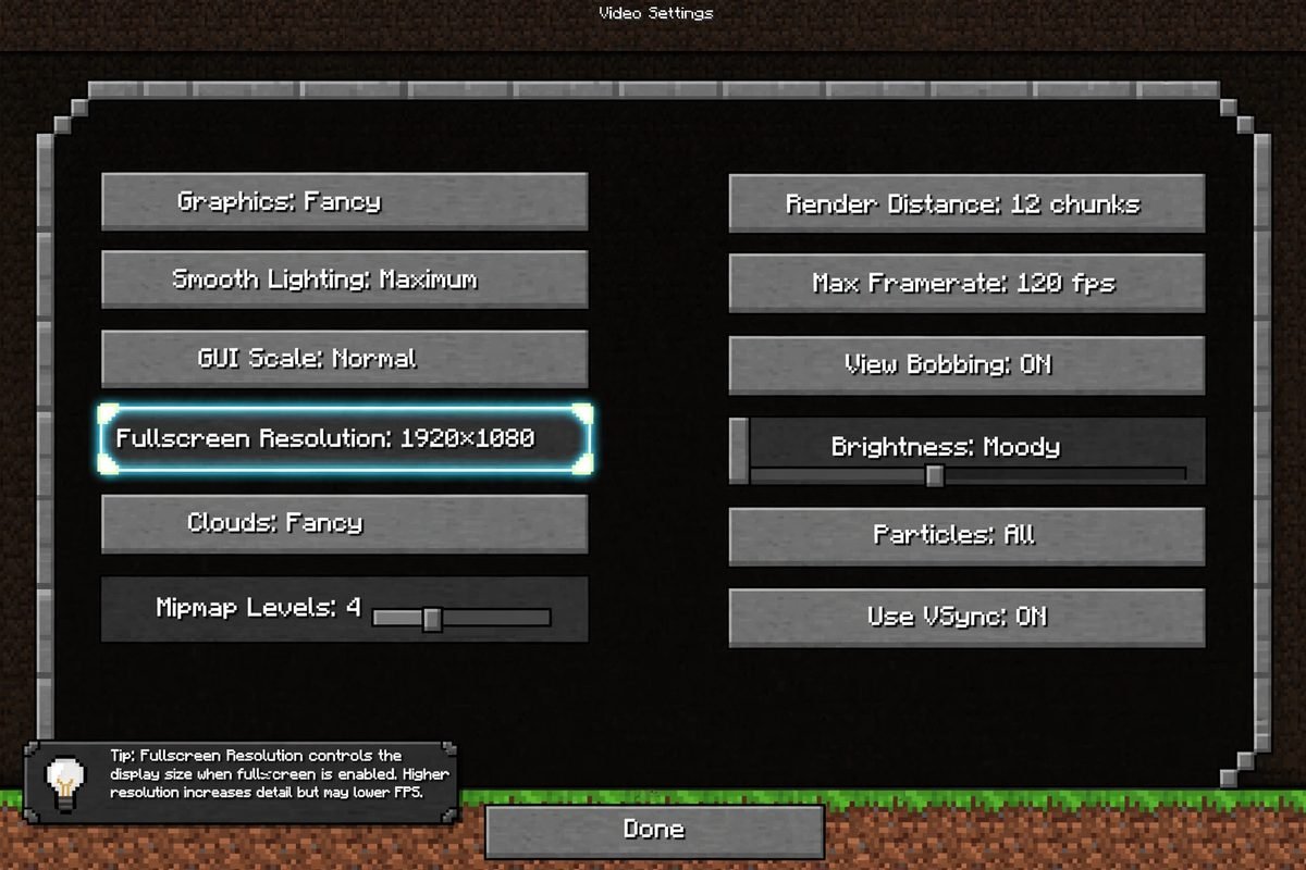 Minecraft Java Edition Video Settings screen with the Fullscreen Resolution slider