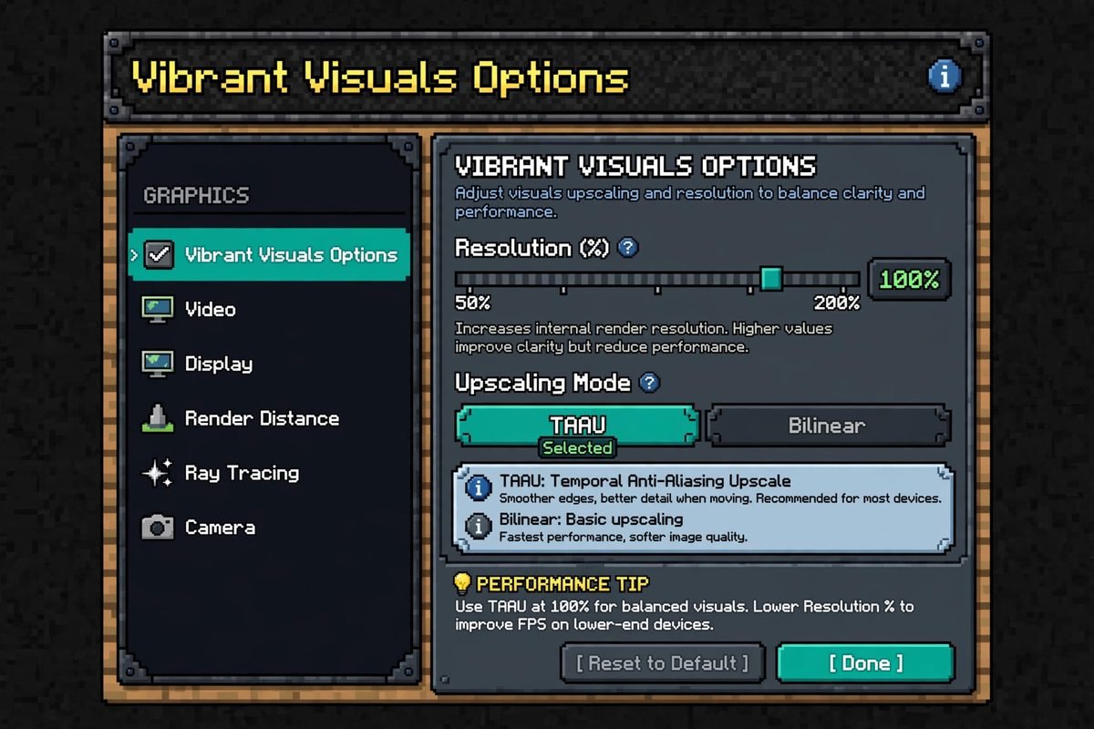 Vibrant Visuals options in Minecraft Bedrock with Resolution and Upscaling sliders