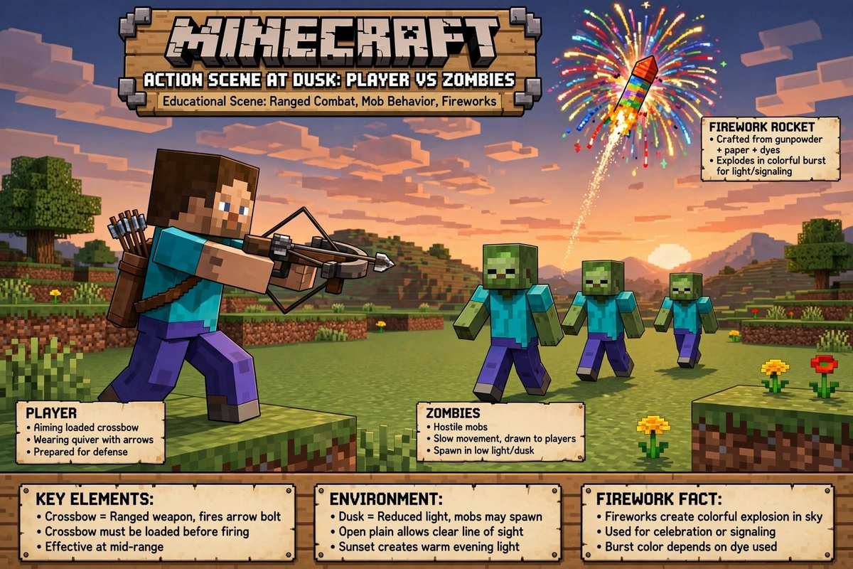 Shooting a firework rocket from a crossbow as part of how to make a rocket in minecraft work as a weapon