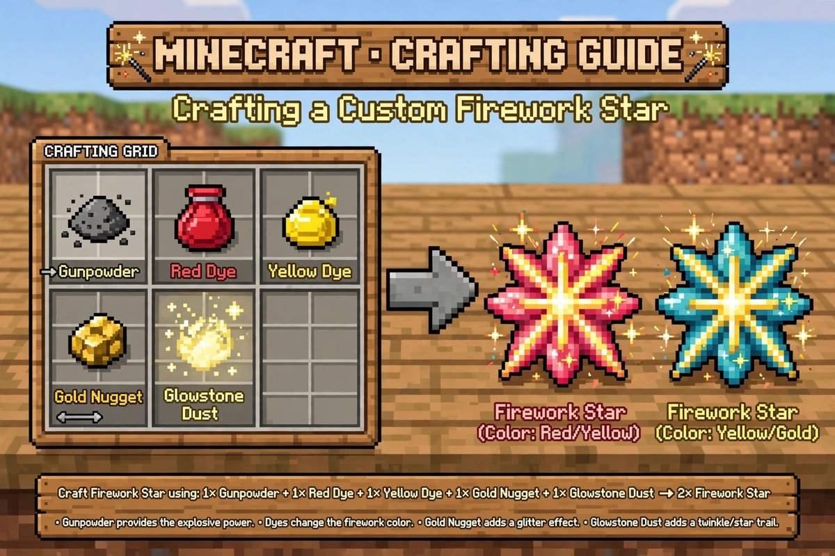 Crafting a firework star with dye and a gold nugget for a rocket in minecraft