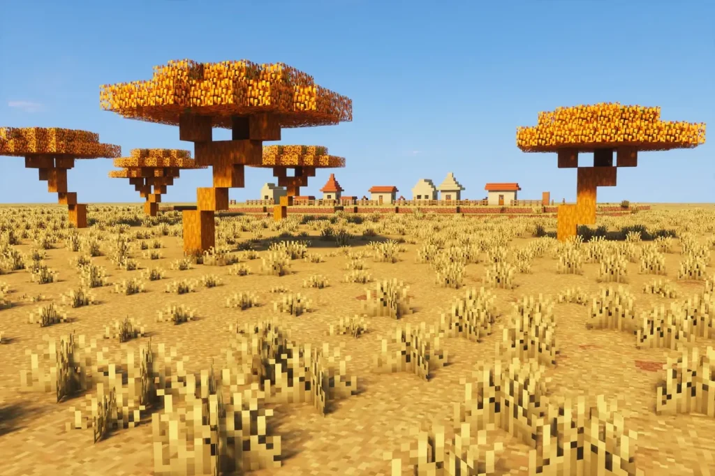 Flat Savanna biome with orange acacia trees and a distant village, one of the best Minecraft biomes for large builds.