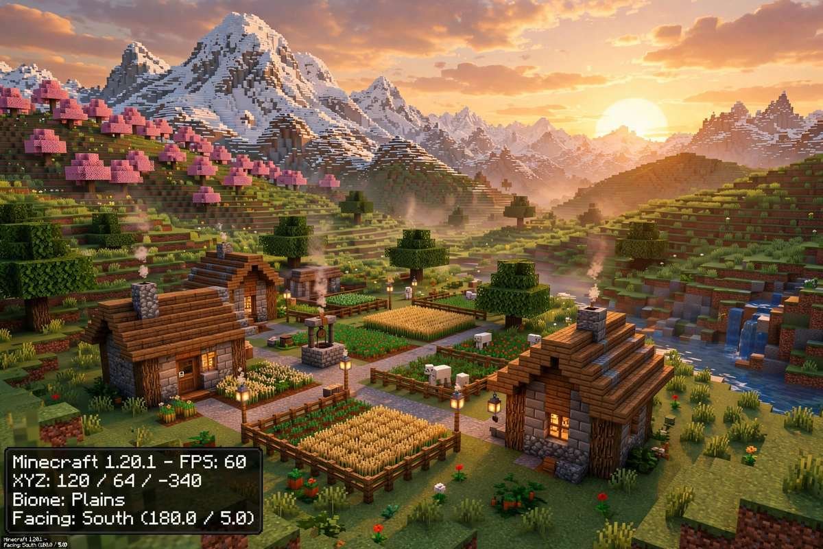 A scenic Bedrock seed world with a village, mountains and cherry trees