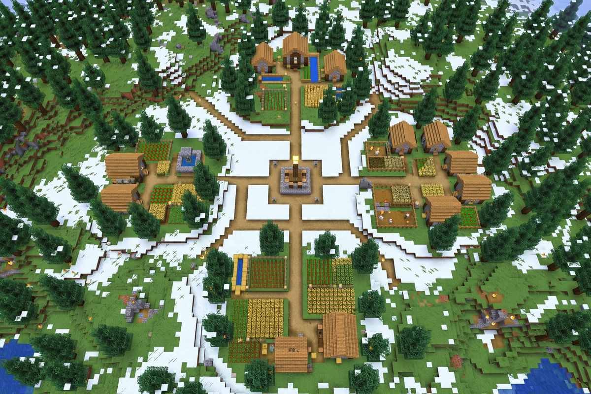 Four villages surrounding the spawn point in a Bedrock taiga seed