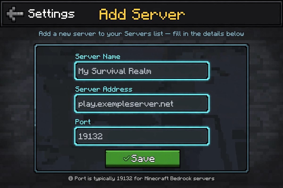 How to add a custom server address and port in Minecraft Bedrock