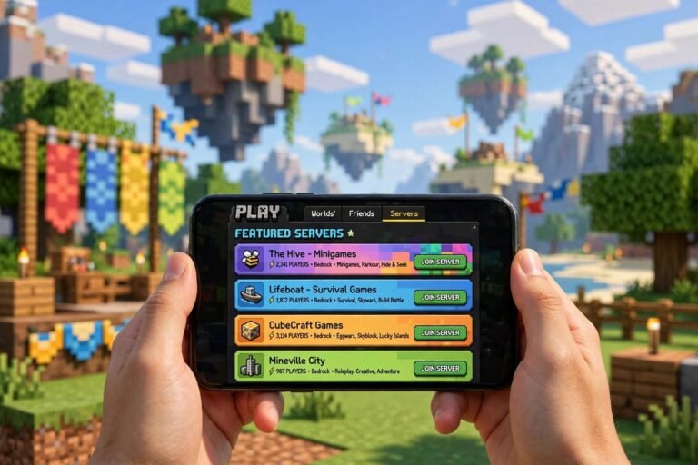 Minecraft servers Bedrock featured list open on a phone screen