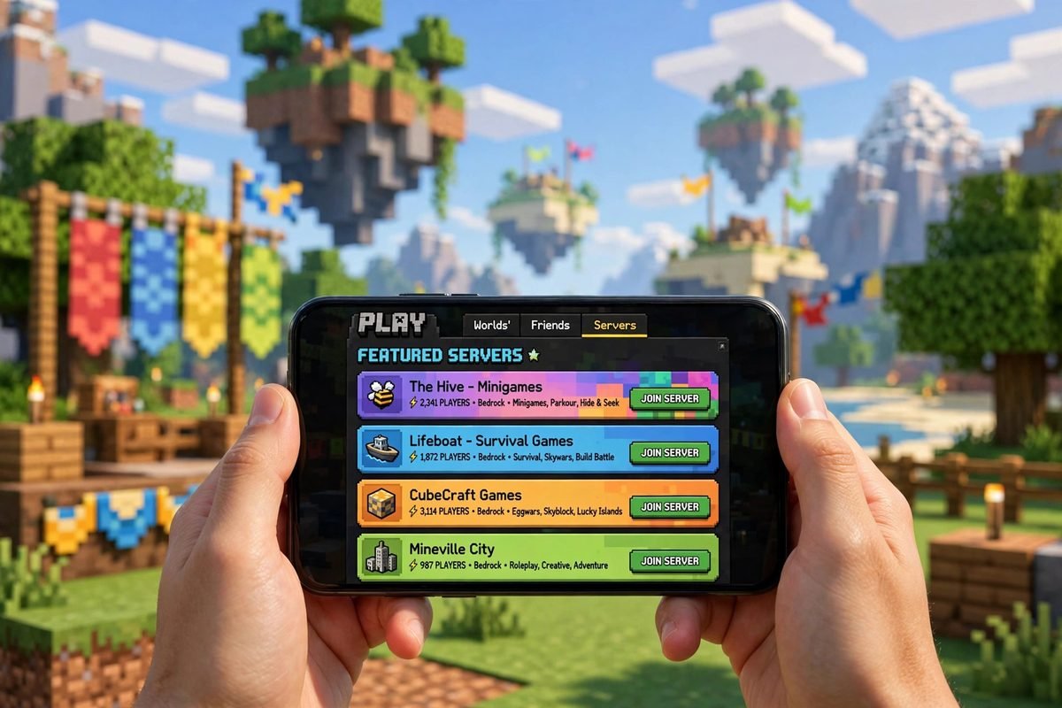 Minecraft servers Bedrock featured list open on a phone screen