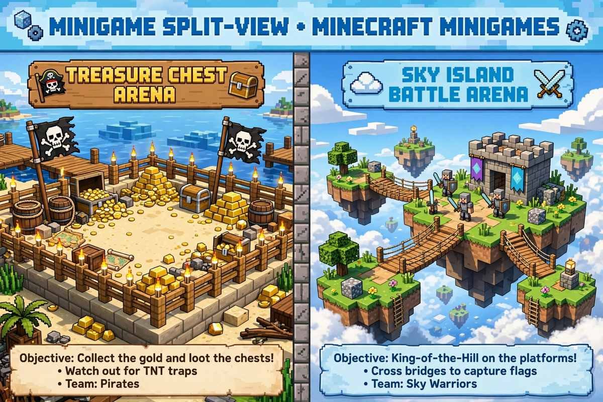 Treasure Wars and SkyWars style minigame arenas on Bedrock servers