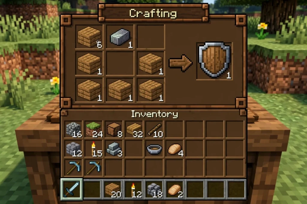 Crafting a shield in Minecraft using iron and wooden planks