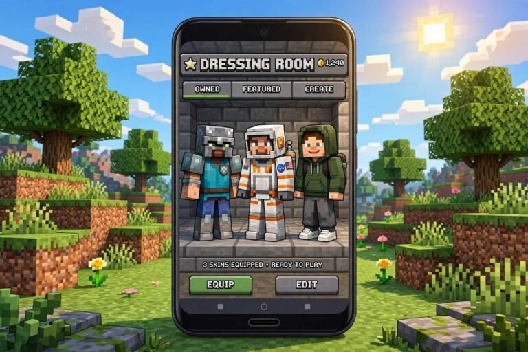 Custom minecraft skins shown in the Bedrock Dressing Room on Android