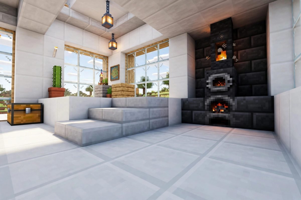 Smooth stone floor and slab steps in a modern Minecraft build