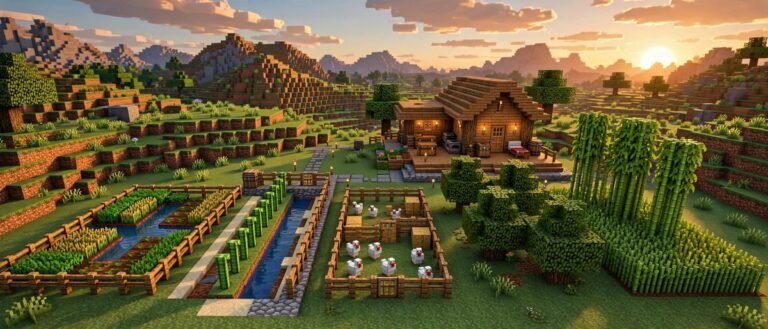 Five minecraft starter farms around a beginner base: crops, sugar cane, chickens, trees and bamboo