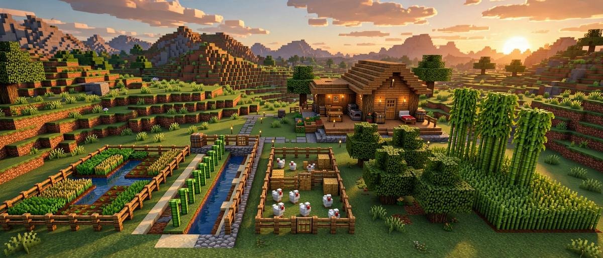 Five minecraft starter farms around a beginner base: crops, sugar cane, chickens, trees and bamboo