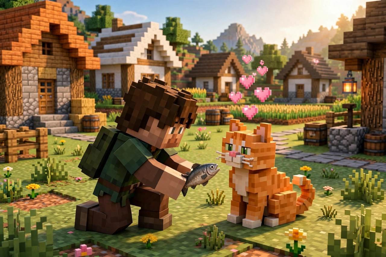 How to tame animals in Minecraft — taming a village cat with raw fish while crouching