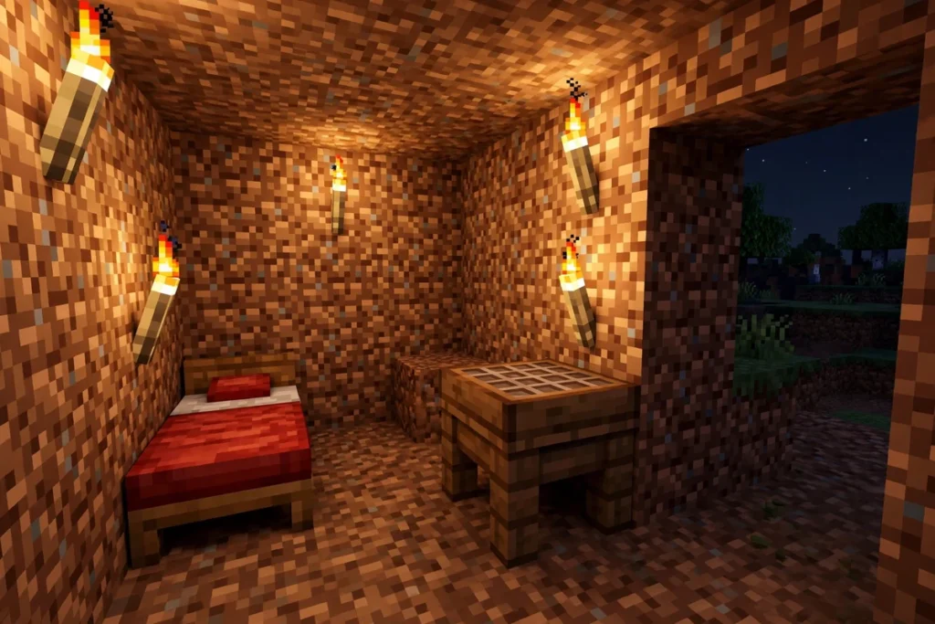 Lit torches placed inside a Minecraft shelter to prevent mob spawns