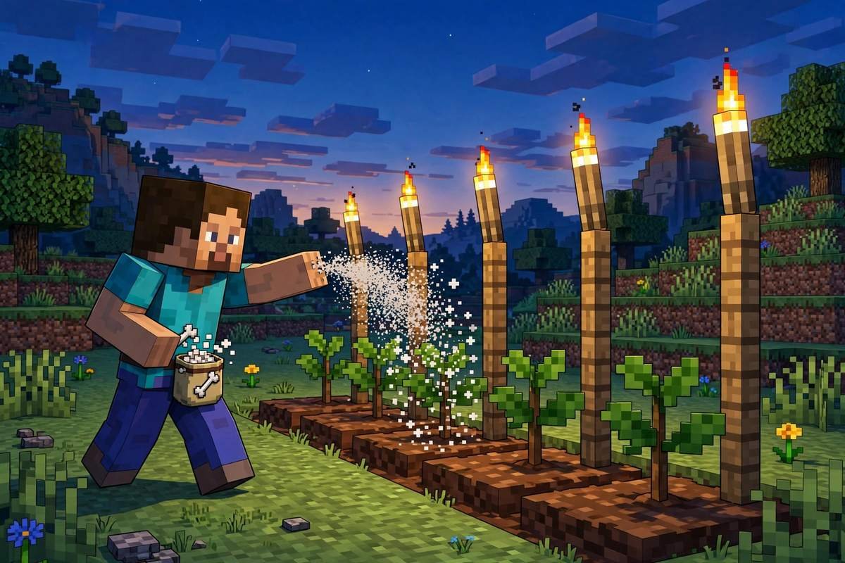 Using bone meal and torch light to grow saplings fast in a minecraft tree farm