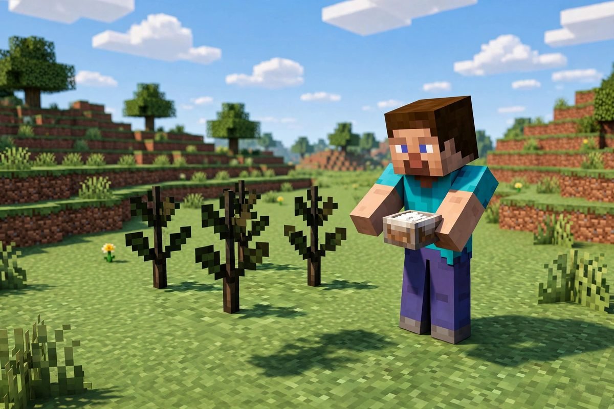 Four dark oak saplings planted in a 2x2 square in a minecraft tree farm