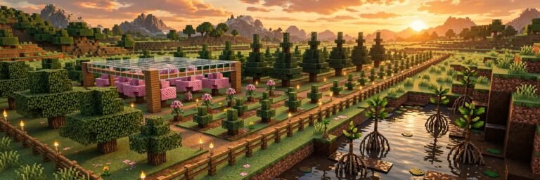 Rows of oak, spruce, cherry and mangrove trees growing in a minecraft tree farm under a glass height limiter
