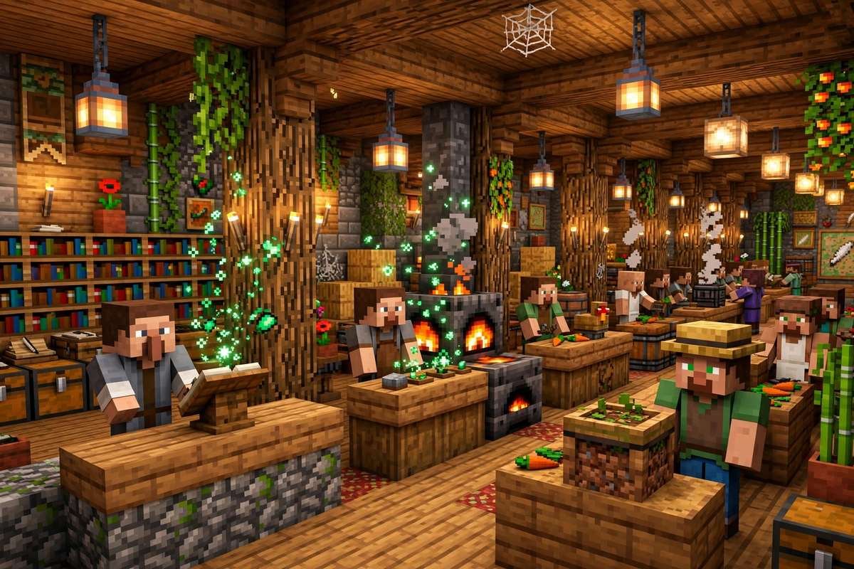 Minecraft villager trading hall with villagers at their job site blocks