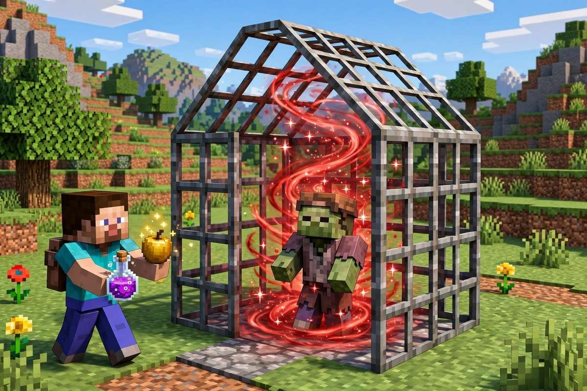 Curing a zombie villager in Minecraft with a splash potion of weakness and a golden apple
