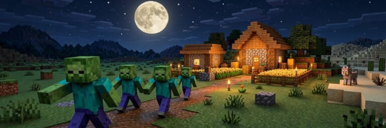 Minecraft zombies approaching a village at night