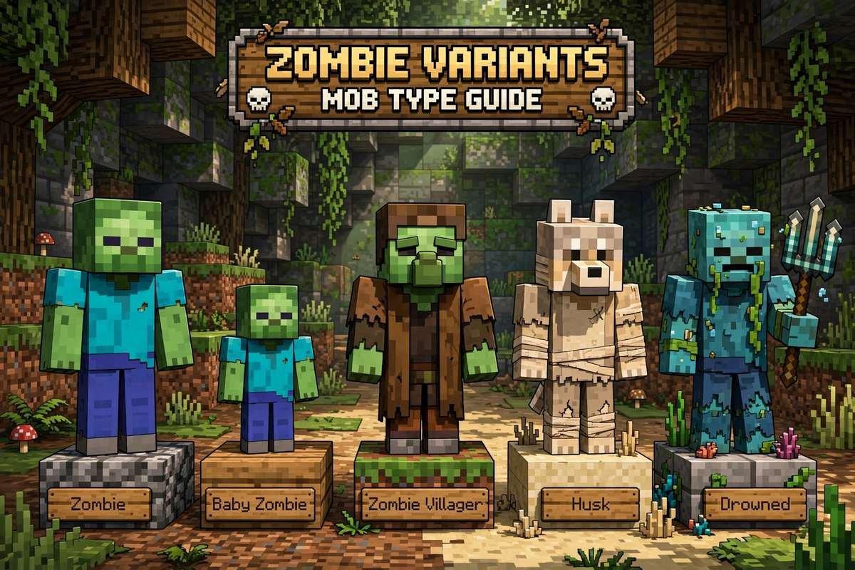 Minecraft zombie types compared: zombie, baby zombie, zombie villager, husk and drowned