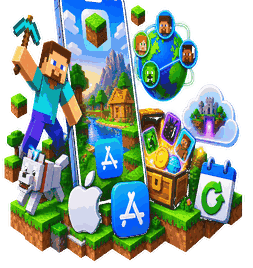 Minecraft character with iPhone and App Store artwork collage
