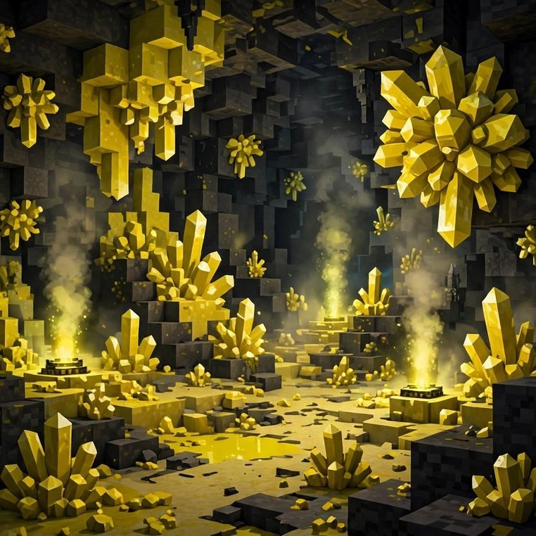 Minecraft sulfur caves biome with yellow crystal formations and vents