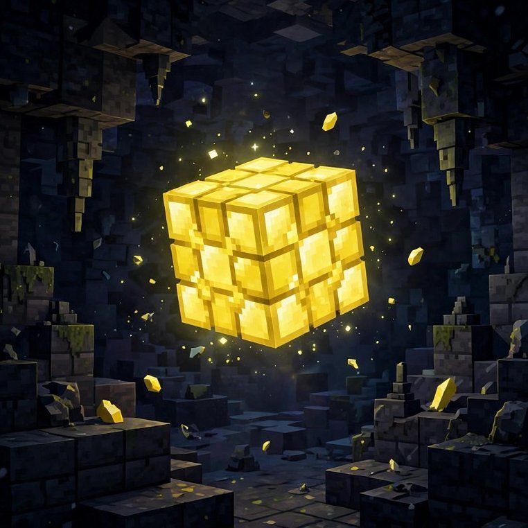 Minecraft Sulfur Cube — glowing yellow crystalline cube mob in a dark cave