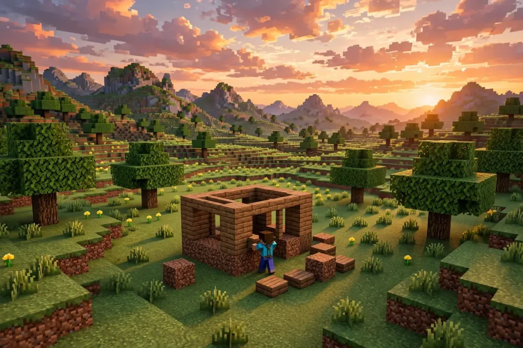 Player building a shelter at sunset to survive first night in Minecraft