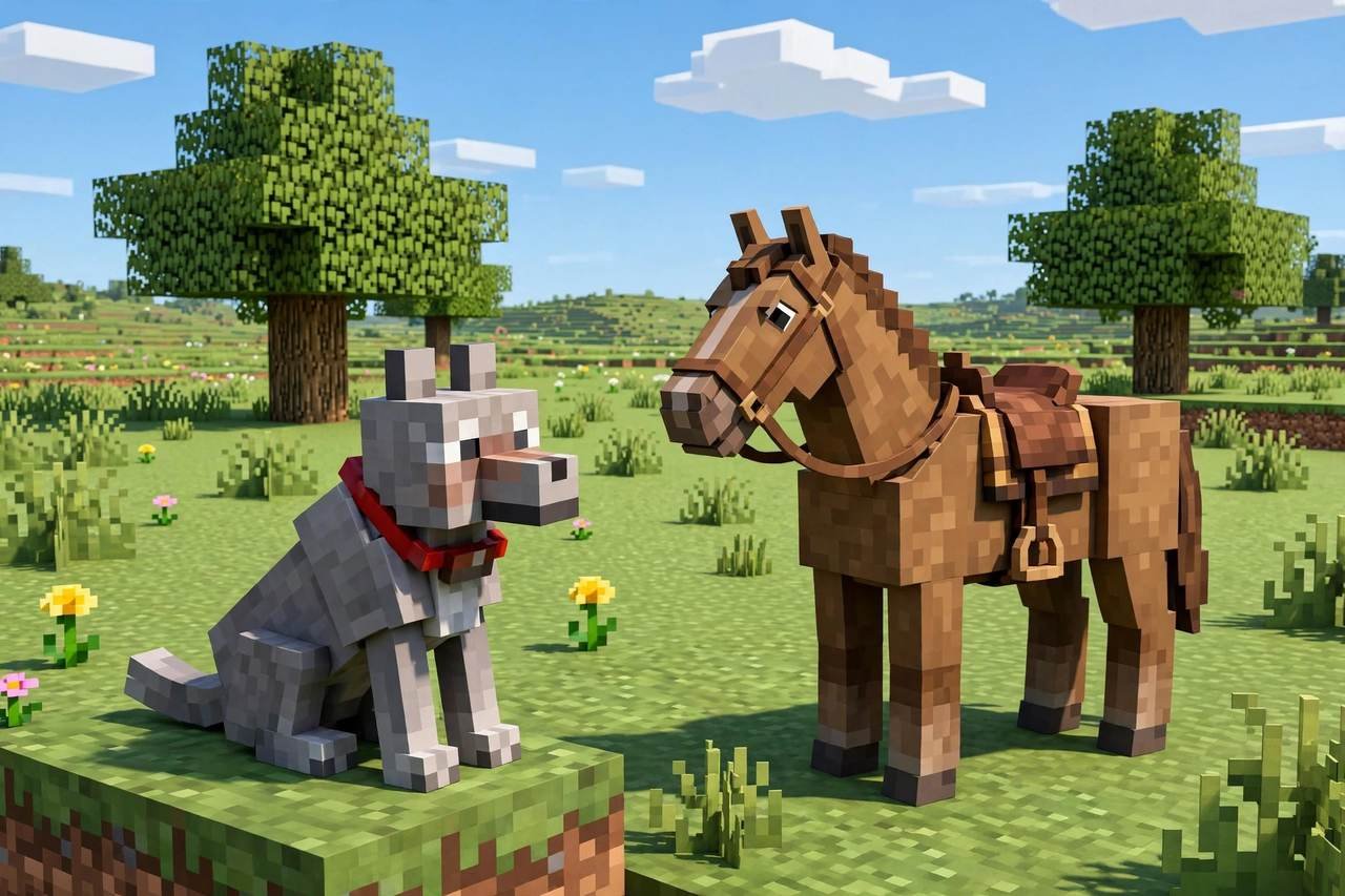 How to tame animals in Minecraft — a tamed wolf with red collar beside a saddled horse in plains biome