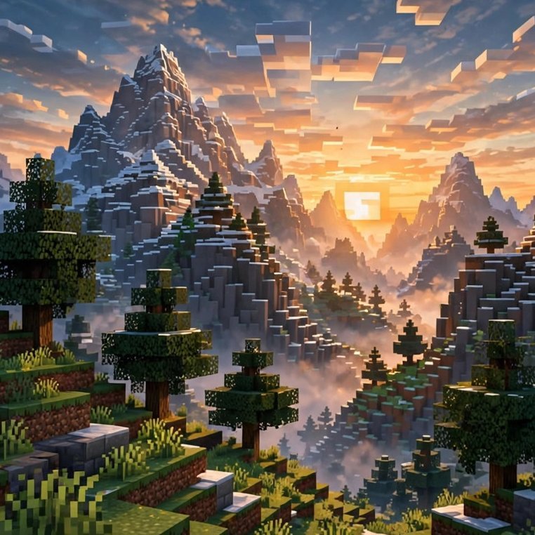 Best Minecraft texture packs 2026 — mountain landscape with blocky pine trees at sunrise