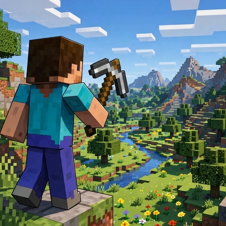 Minecraft hero with pickaxe overlooking a vibrant valley — texture pack visuals