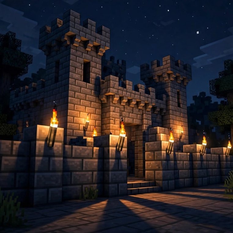 Realistic Minecraft castle at night with dramatic torch lighting — PBR shader style